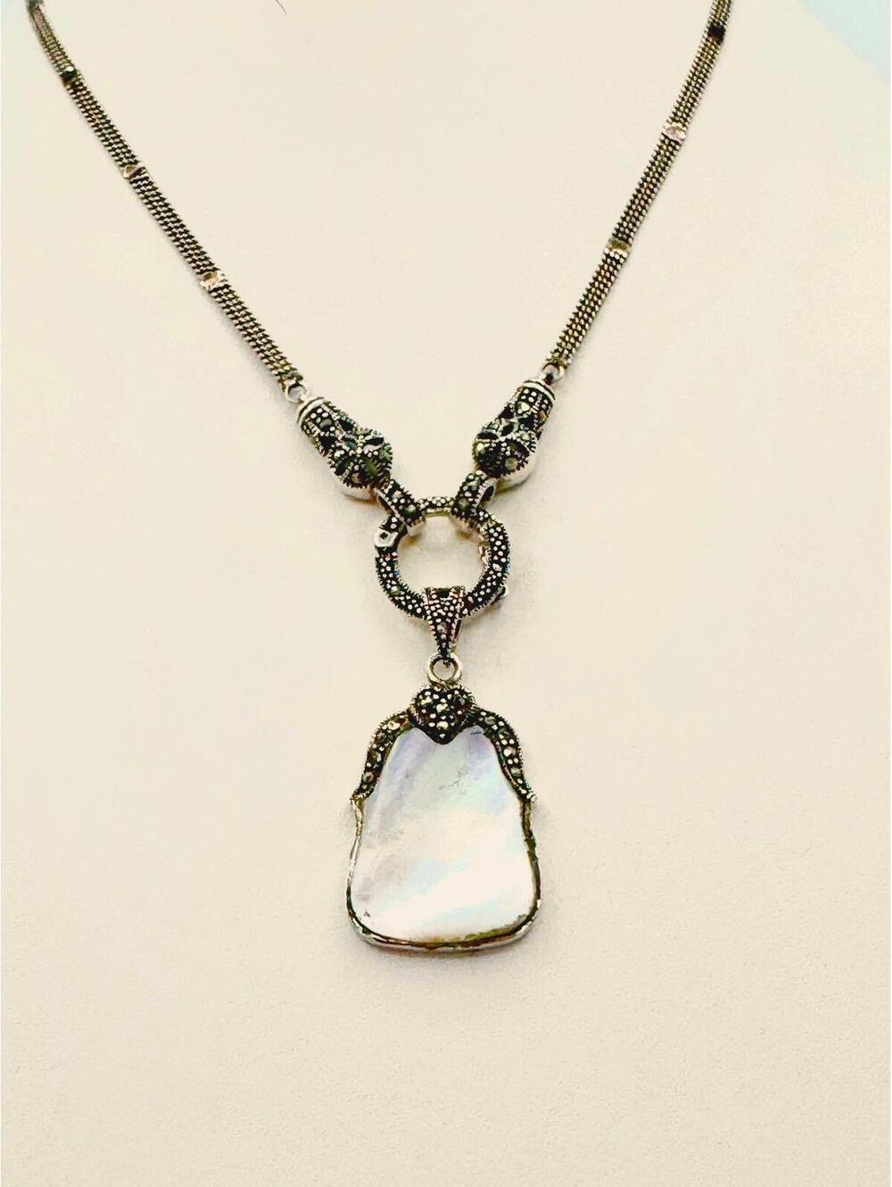 Vintage sterling silver marcasite mother of pearl pendant Y drop necklace
